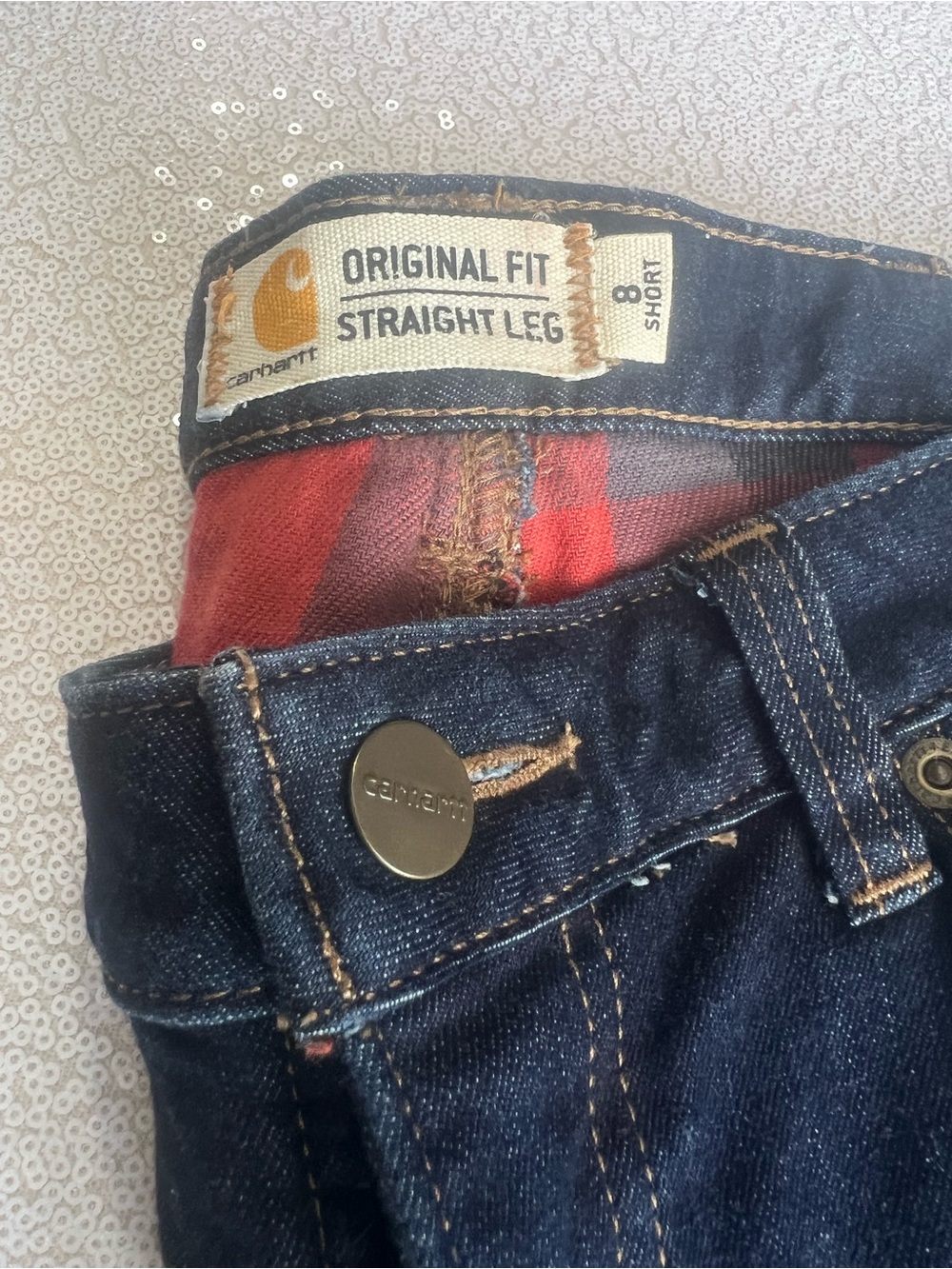 Carhartt Womens Dark Blue Straight Leg Jeans with Plaid Lining